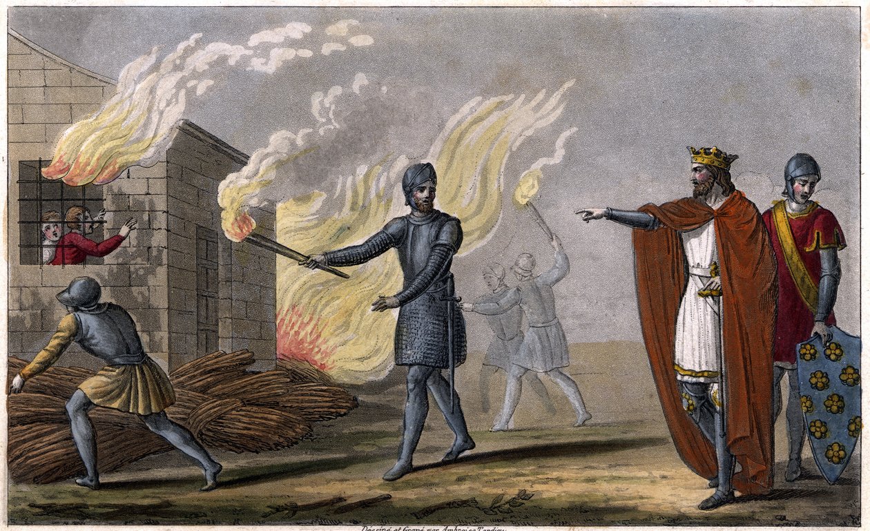 Clotaire (Clothaire) I (497 - 561) verbrandt zijn zoon Chramne in een huisje, opstand tegen hem - Regering van Clotaire. Clotaire verbrandde in een huisje zijn zoon Chramne die tegen hem in opstand kwam - Getekend en gegraveerd door Ambroise Tardieu in 182 door Ambroise Tardieu