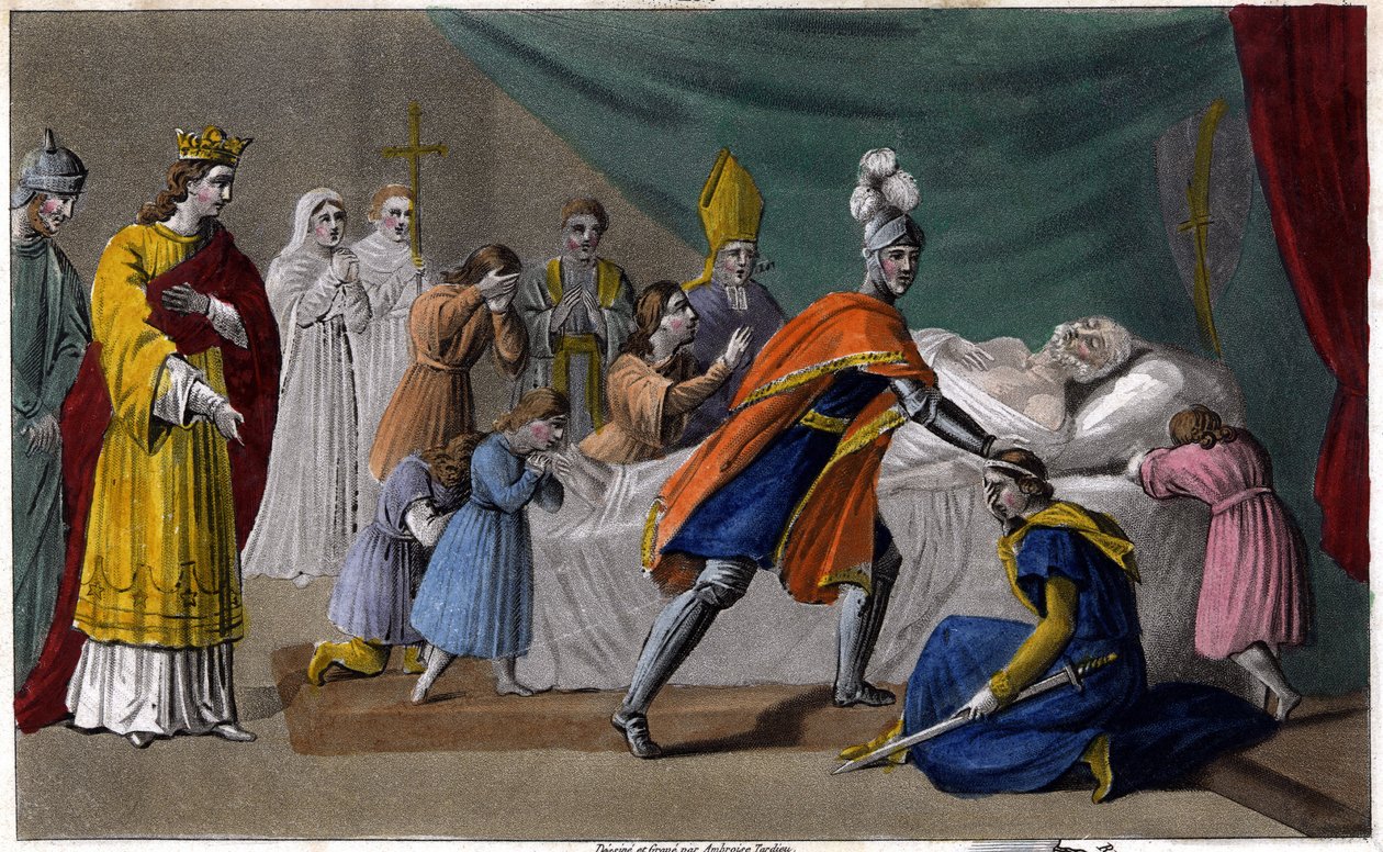 Dood van Pepijn van Herstal (635-714) omringd door zijn familie - Dood van Pepijn van Herstal (grootvader van Pepijn de Korte), omringd door zijn familie en in aanwezigheid van Dagobert III (714) - Getekend en gegraveerd door Ambroise Tardieu in 1825 door Ambroise Tardieu