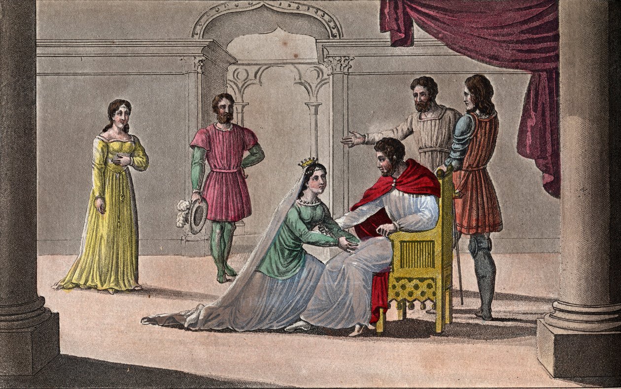 Emma van Frankrijk kust de knieën van haar echtgenoot Raoul, die zij koos als koning tijdens de gevangenschap van Karel III de Eenvoudige. Getekend en gegraveerd door Ambroise Tardieu in 1825. door Ambroise Tardieu