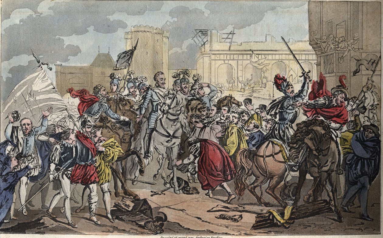 Intocht van Hendrik IV in Parijs: Hendrik IV (1553 - 1610). De bekering van de koning tot het katholicisme bracht de laatste slag toe aan de Liga, opende de poorten van Parijs en het hart van zijn onderdanen, in 1594. - Tekening en gravure door Ambroise Ta door Ambroise Tardieu