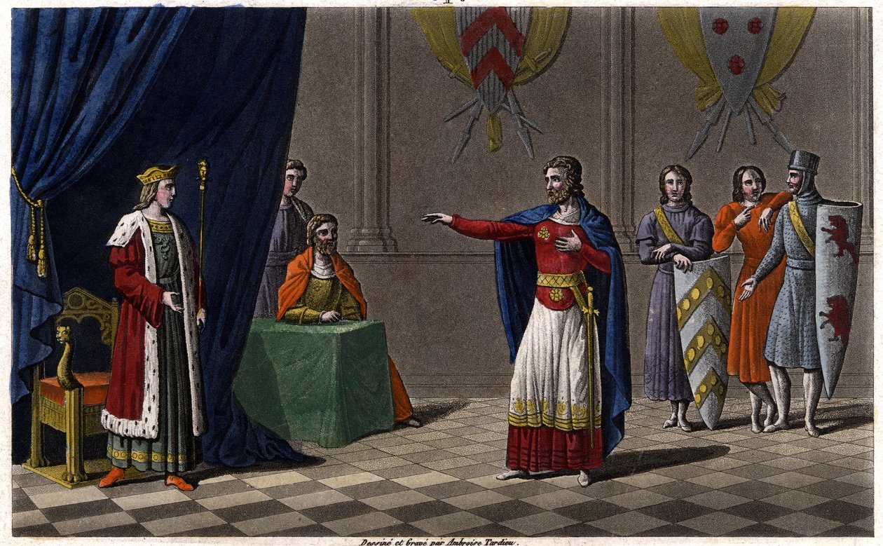 Lodewijk V de Luie, uitgeroepen tot koning van Frankrijk door de bescherming van Hugues Capet, toekomstige koning van Frankrijk, in 986. Getekend en gegraveerd door Ambroise Tardieu in 1825. door Ambroise Tardieu