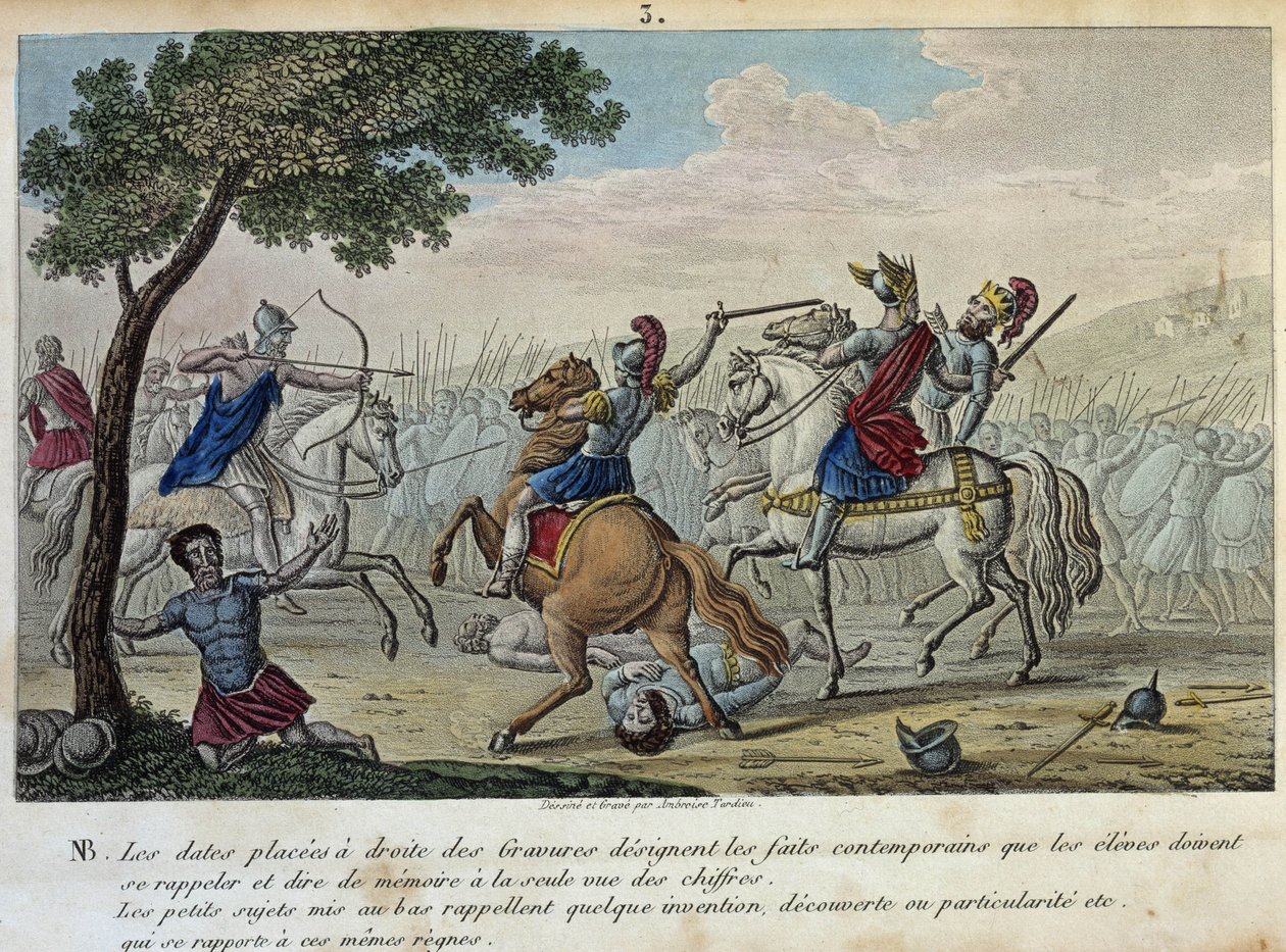 Merovee (447-458) daagt Attila uit op de Catalaunische Velden nabij Troyes met Aetius en Theodorik I. Hij is de veronderstelde Koning van de Franken-Saliërs en gaf zijn naam aan de Merovingische dynastie. - Getekend en gegraveerd door Ambroise Tardieu in 1 door Ambroise Tardieu