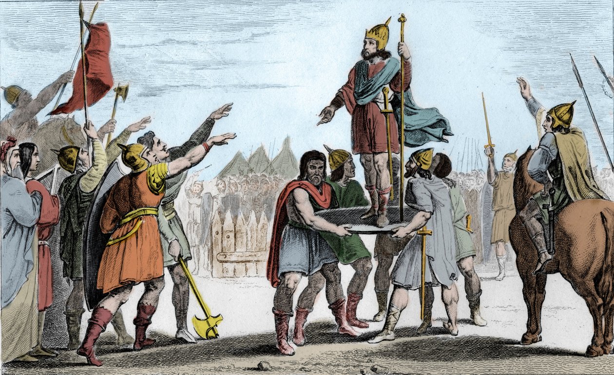 Pharamond I (ca. 370-427), koning van de Franken. Op een schild geheven door zijn volk dat hem tot koning heeft gekozen - Pharamond, erkend door de Franken-Saliërs en de Galliërs verenigd in één volk, wordt op een schild geheven en loopt triomfantelijk ron door Ambroise Tardieu