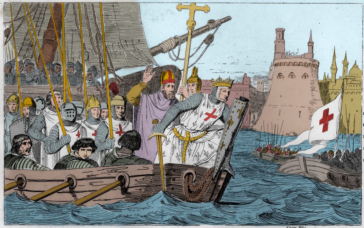 Zevende Kruistocht: Koning Saint Louis (1214-1270) en de Kruisvaarders belegeren Damiette in juni 1249 in Neder-Egypte - Zevende Kruistocht naar het Heilige Land 1248-50 - Saint Louis IX (1214-70) leidt zijn troepen in de strijd - Gravure van 1825 in 