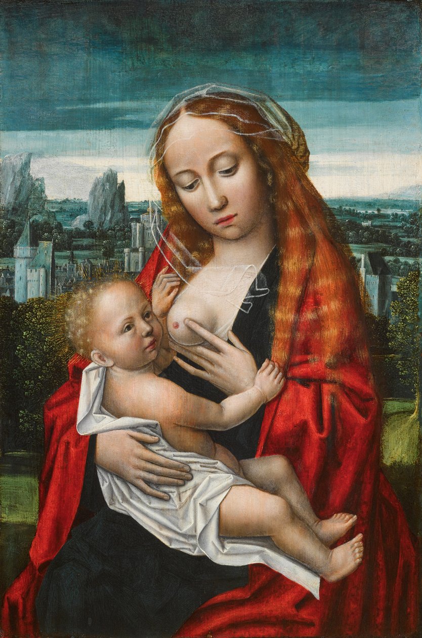 Dutch: Maria met kind zittend voor een landschap The Virgin and Child door Ambrosius Benson
