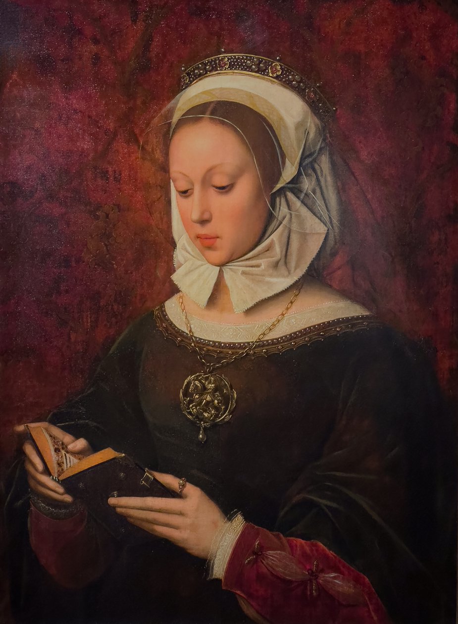 Jonge vrouw in gebed, getijdenboek lezend, ca. 1520-1530 (Olieverf op hout) door Ambrosius Benson