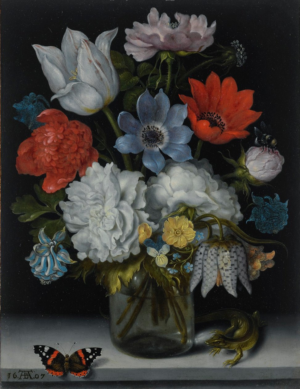 Dutch: Bloemen in een glazen fles op een stenen plint, met een vlinder en een hagedis A Still Life of Flowers in a Glass Flask on a Marble Ledge, Flanked by a Red Admiral Butterfly and a Lizard door Ambrosius Bosschaert