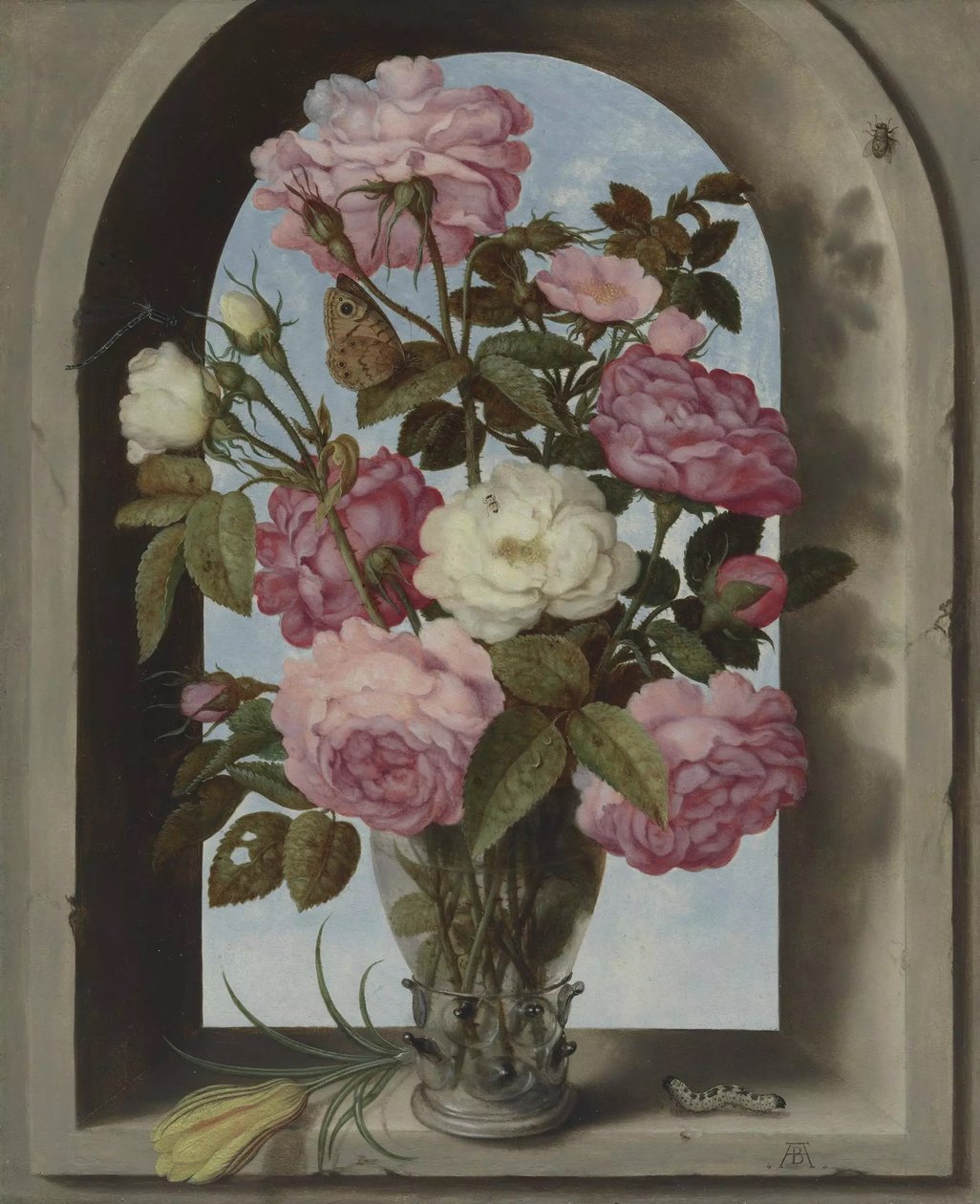 Dutch: Rozen in een roemer, geplaatst in een venster met een crocus en een rups Still-life with Roses in a Glass Vase door Ambrosius Bosschaert