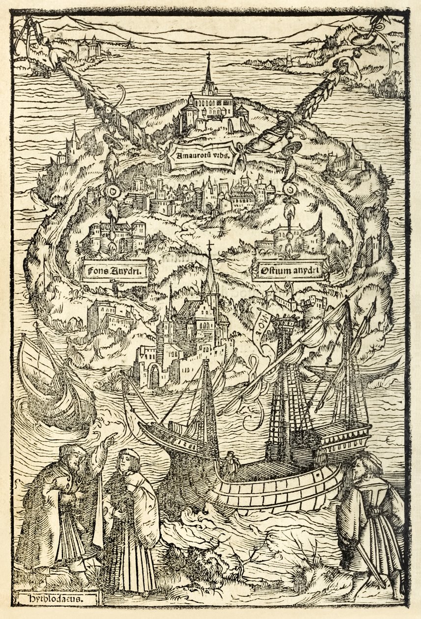 Kaart van het nieuwe eiland Utopia uit een editie van Utopia door Sir Thomas More (1478-1535), voor het eerst gepubliceerd in 1516. Houtsnede door Ambrosius Holbein (ca. 1494-ca. 1519) door Ambrosius Holbein