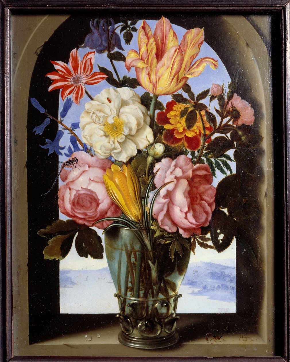 Bloemenboeket in een stenen lijst met uitzicht op een landschap door Ambrosius the Elder Bosschaert