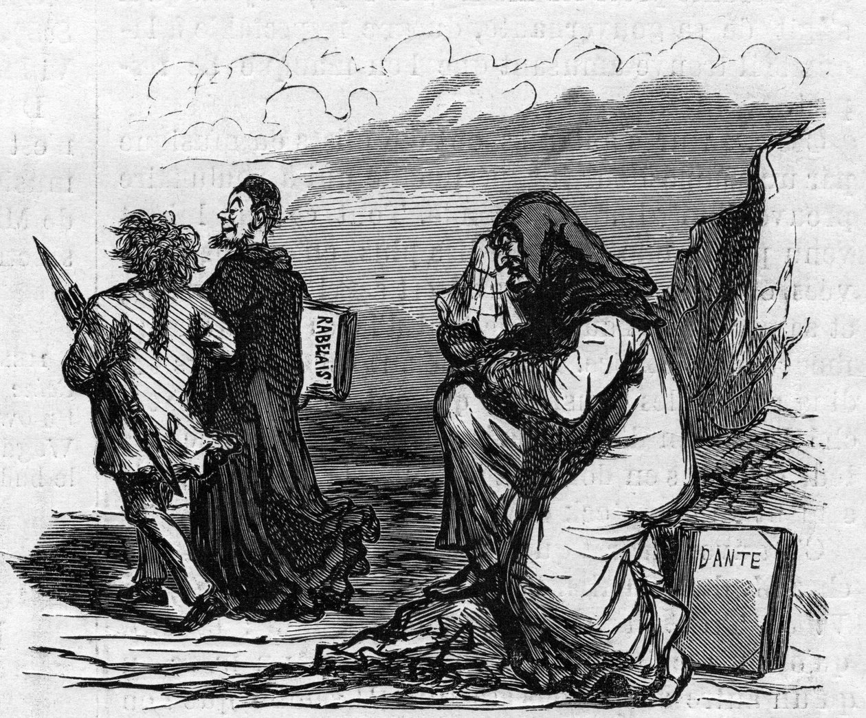 Arme Dante begint te huilen als hij Gustave Dore arm-in-arm ziet met die kleine Rabelais-man. Cartoon van Cham. Gravure in 