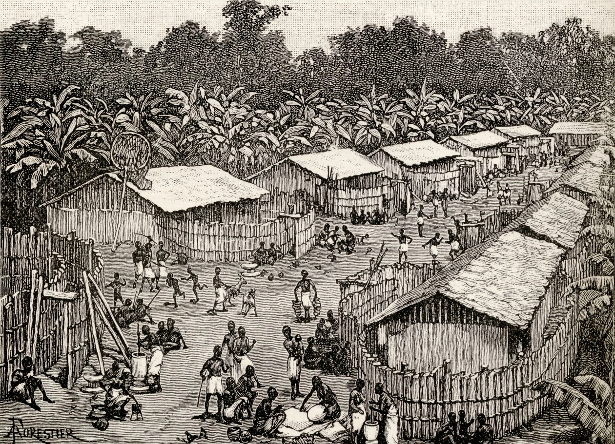 Uitzicht op het dorp Utiri, Tanzania, 1890 (houtsnede) door Amedee Forestier
