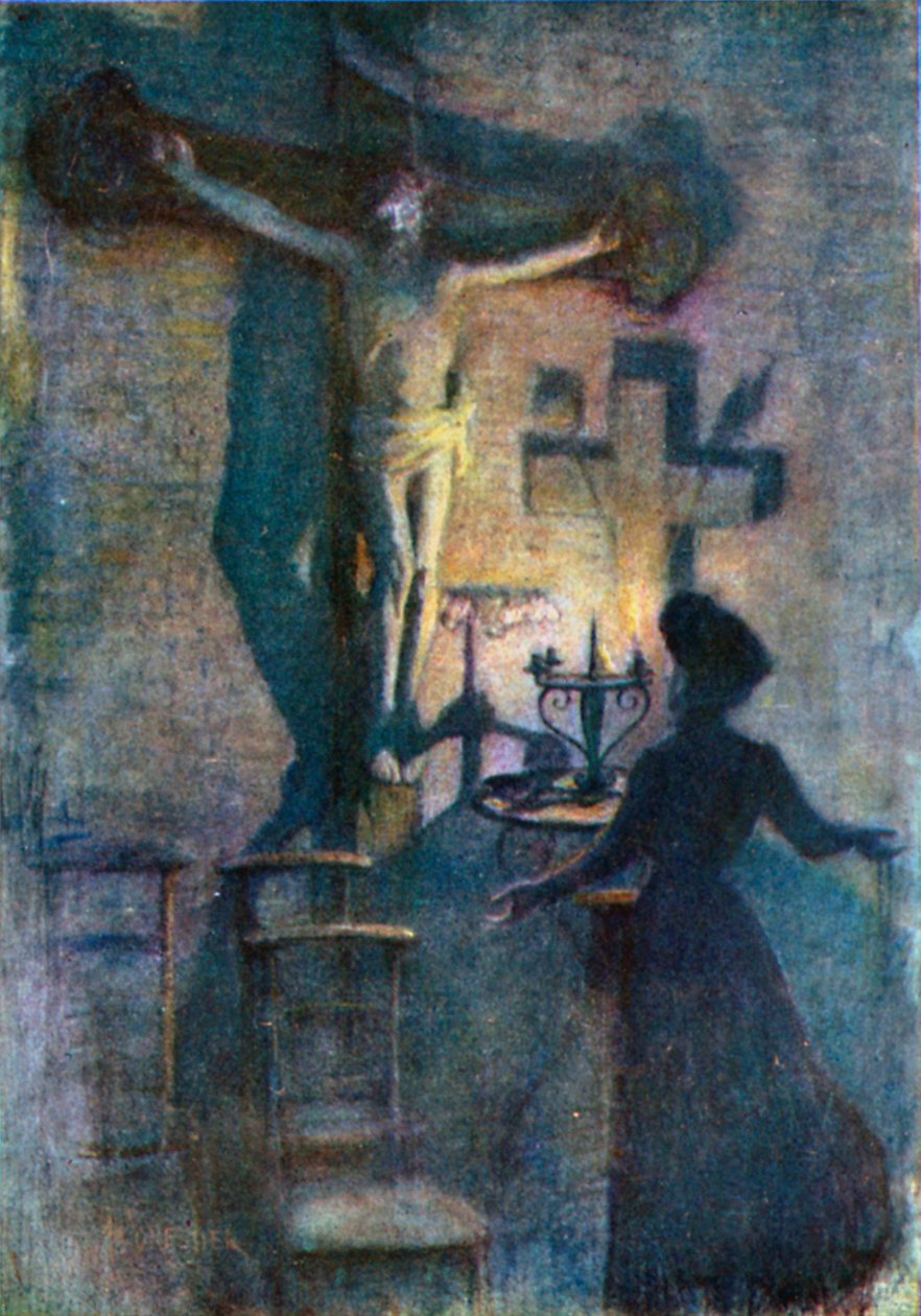 In de Ste Walburge kerk, Furnes (kleurenlitho) door Amedee (after) Forestier