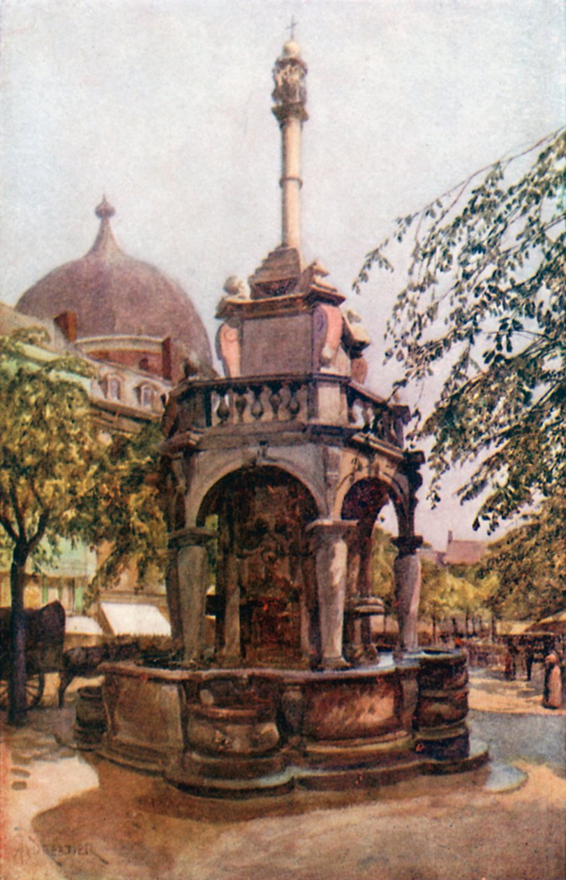 Le Perron Liegeois, Luik (kleurenlitho) door Amedee (after) Forestier