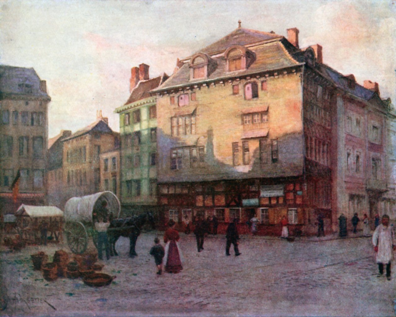 Oud huis aan de Quai de la Goffe, Luik (kleurenlitho) door Amedee (after) Forestier