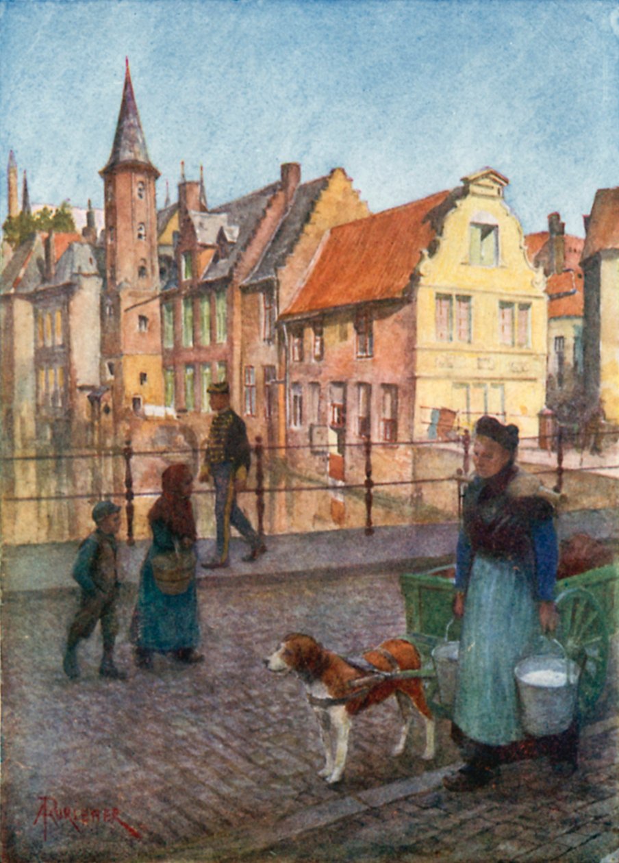Rozenkranskaai, Brugge (kleurenlitho) door Amedee (after) Forestier