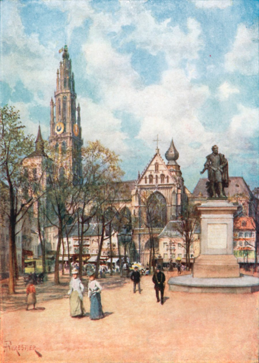 Het Verteplein, Antwerpen (kleurenlitho) door Amedee (after) Forestier