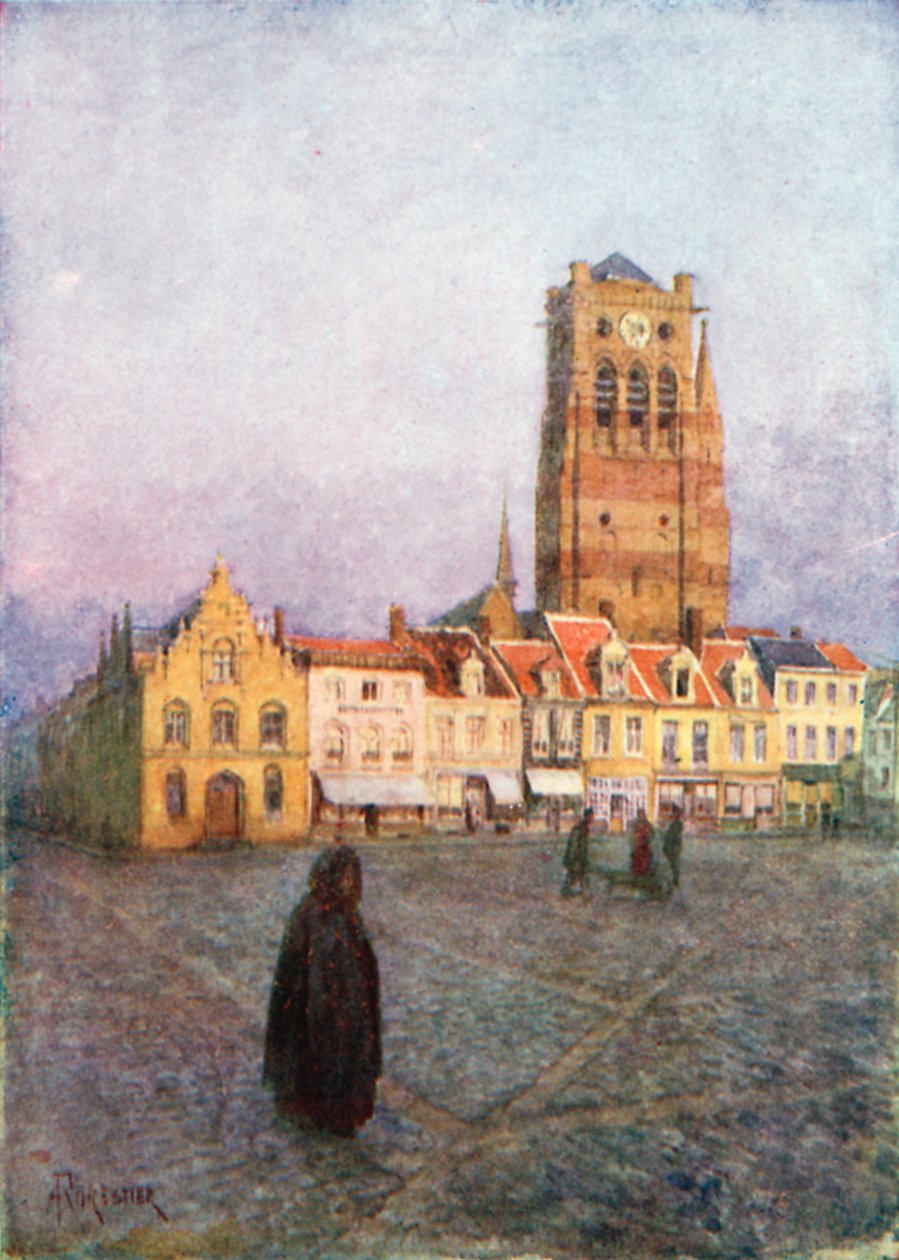 Toren van St Nicholas, Furnes (kleurenlitho) door Amedee (after) Forestier