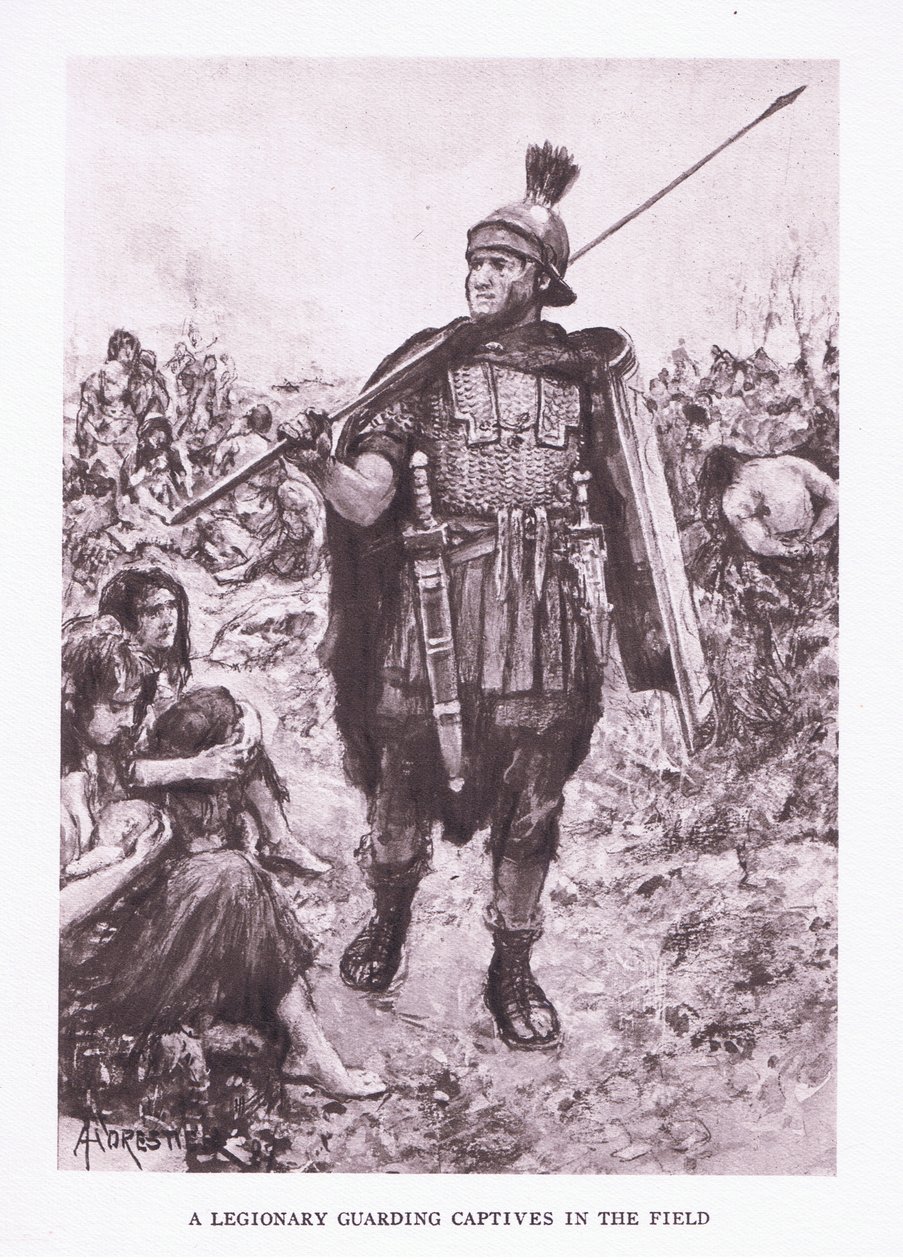 Een legioensoldaat bewaakt gevangenen in een veld, illustratie uit De Romeinse Soldaat, 1928 door Amedee Forestier