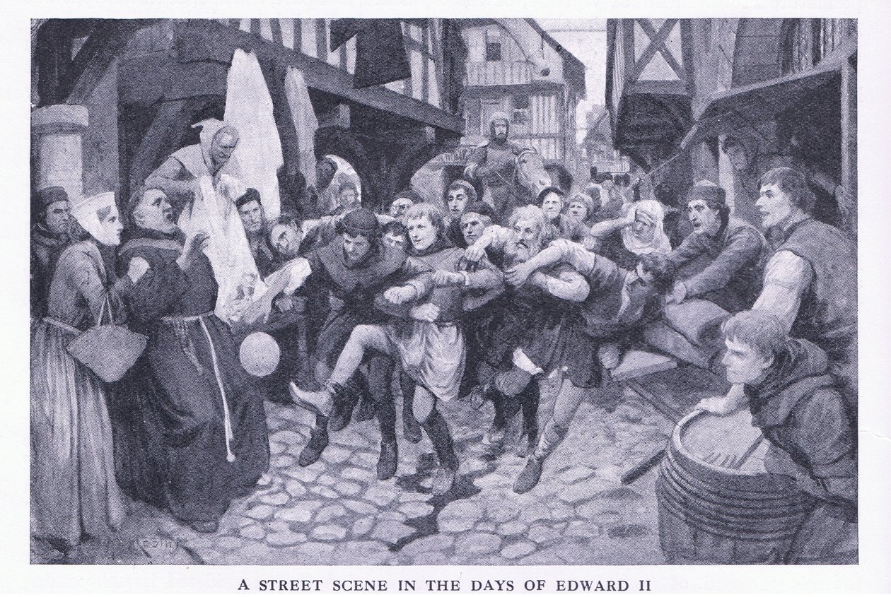 Een straattafereel in de dagen van Edward II, uit Cassells History of the British People gepubliceerd door de Waverley Book Company Limited, ca. 1940 door Amedee Forestier