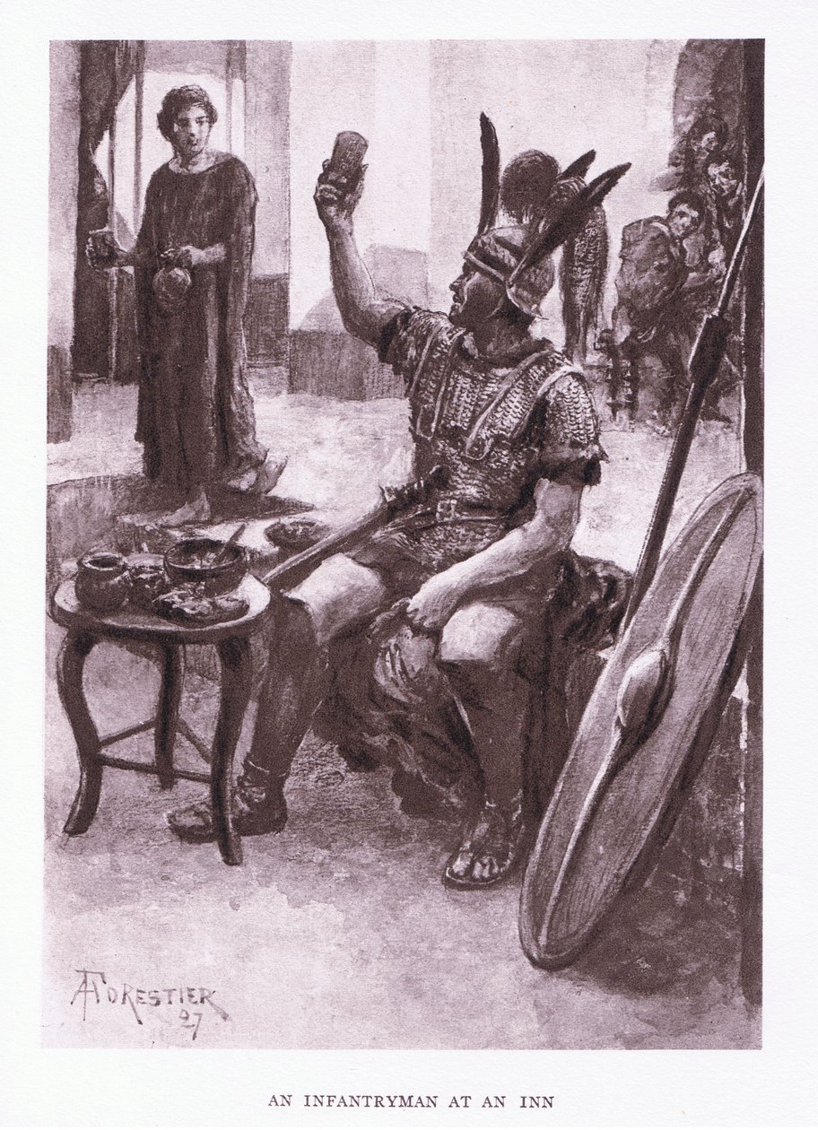 Een infanterist in een herberg, illustratie uit De Romeinse Soldaat, 1928 door Amedee Forestier