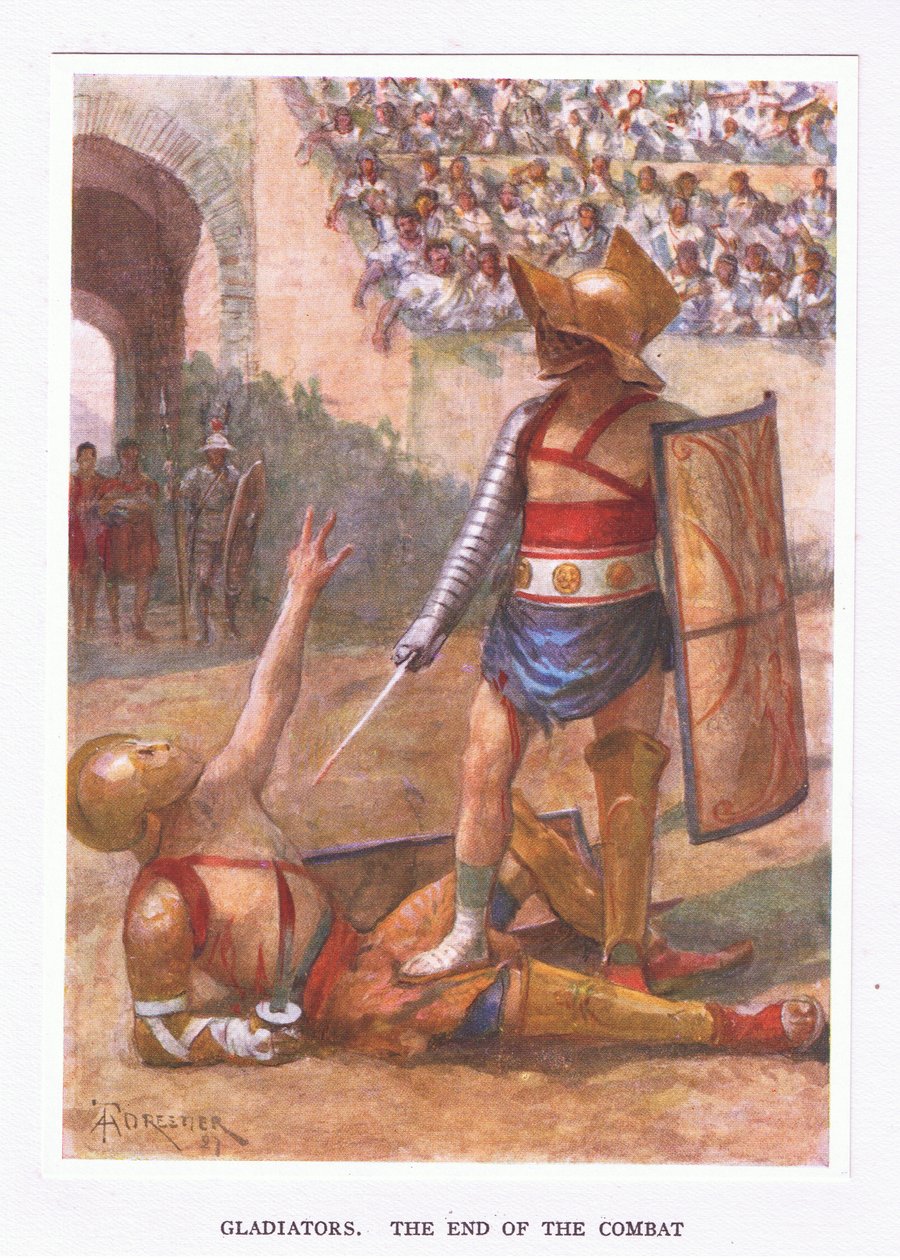 Gladiatoren, het einde van het gevecht, illustratie uit De Romeinse Soldaat, 1928 door Amedee Forestier