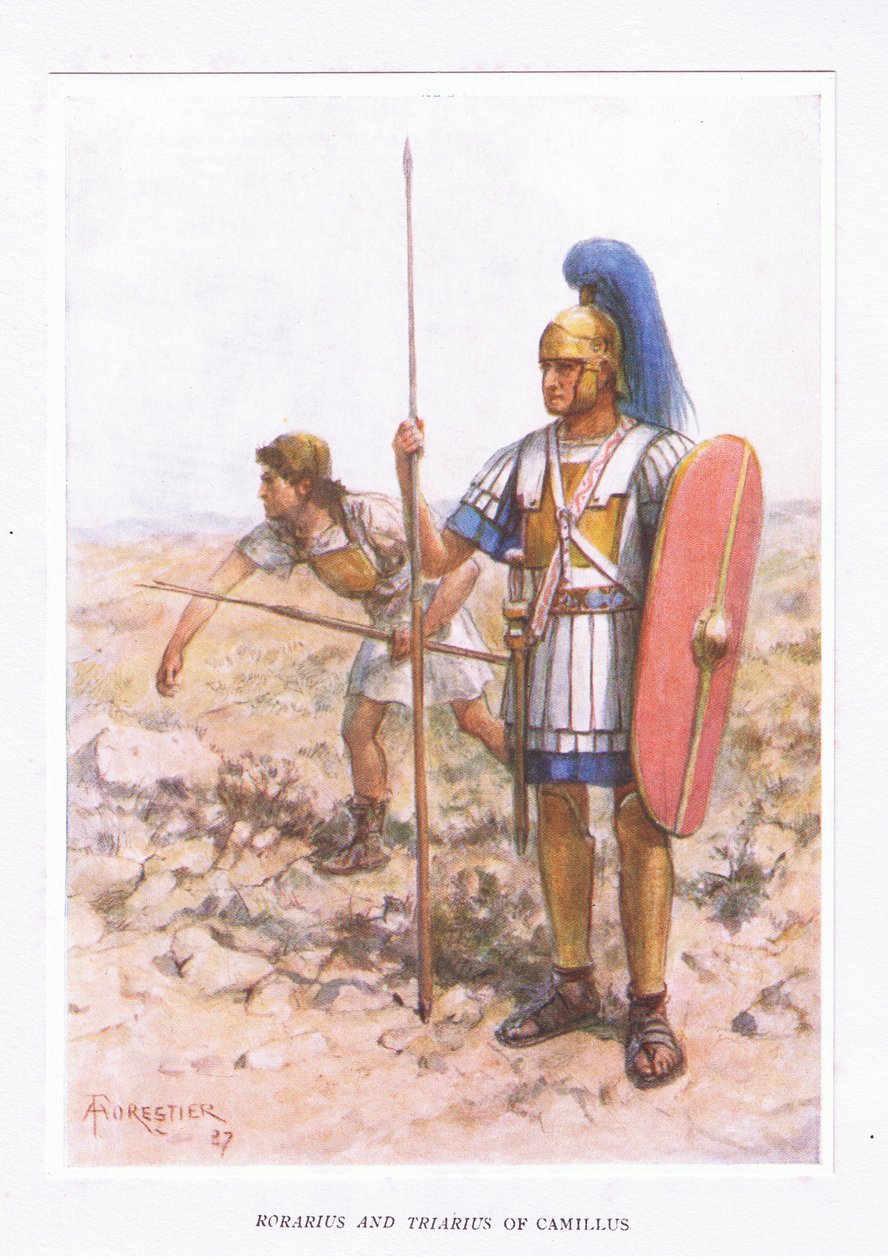 Rorarius en Triarius bij Camillus, illustratie uit De Romeinse Soldaat, 1928 door Amedee Forestier