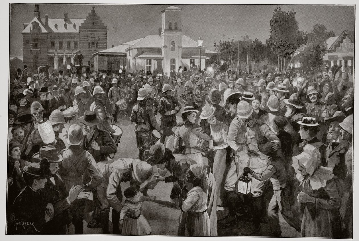 De Britse Bezetting van Bloemfontein - Een avondconcert op het marktplein door de doedelzakken van de Highland Brigade door Amedee Forestier
