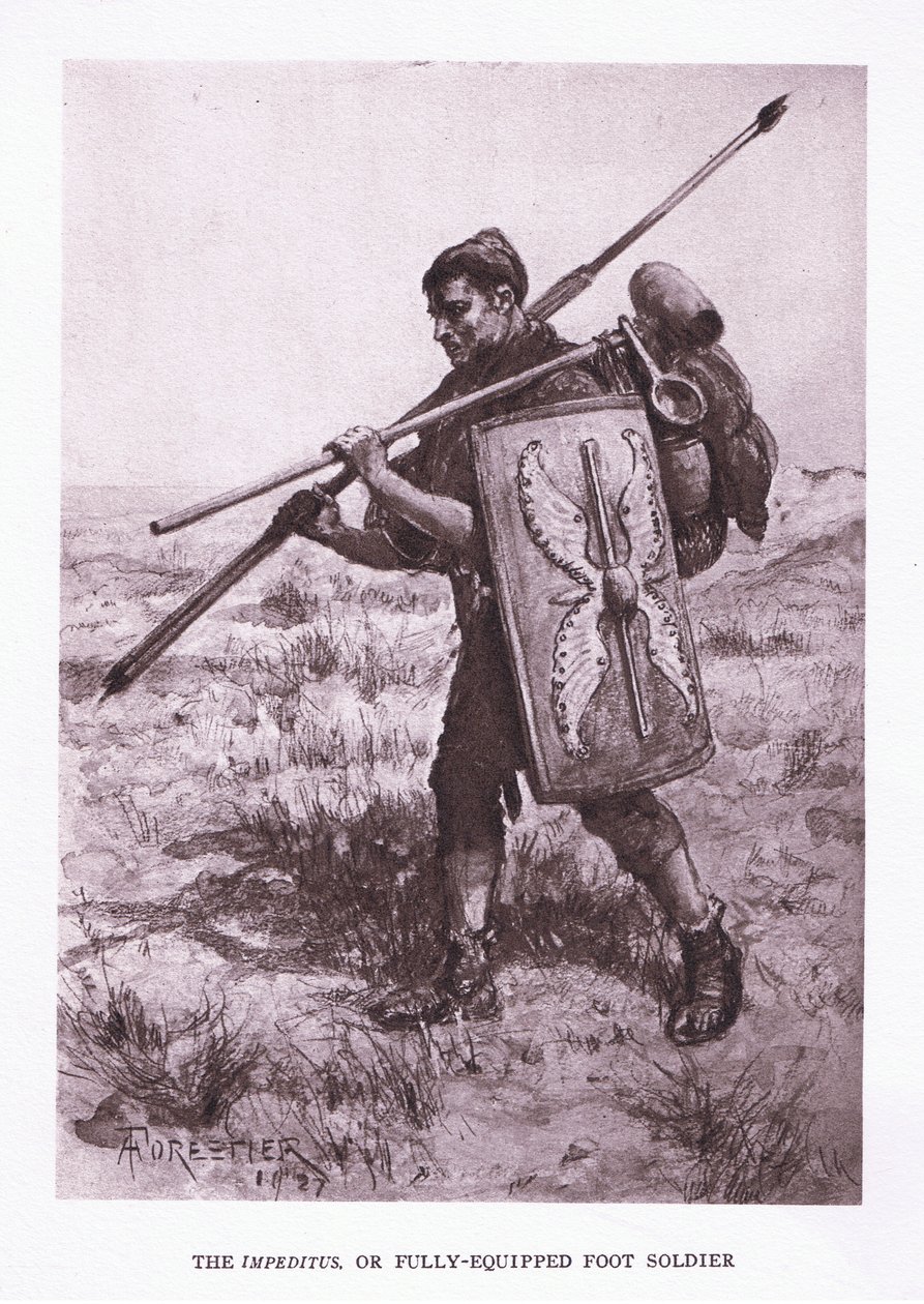 De Impeditus of volledig uitgeruste voetsoldaat, illustratie uit De Romeinse Soldaat, 1928 door Amedee Forestier