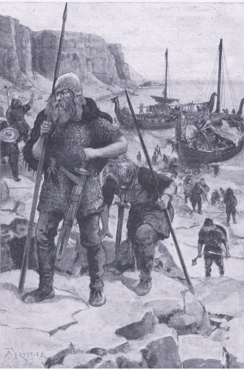 De Vikingen ontdekken Amerika, uit Mijn Tijdschrift, uitgegeven 1922 (litho) door Amedee Forestier