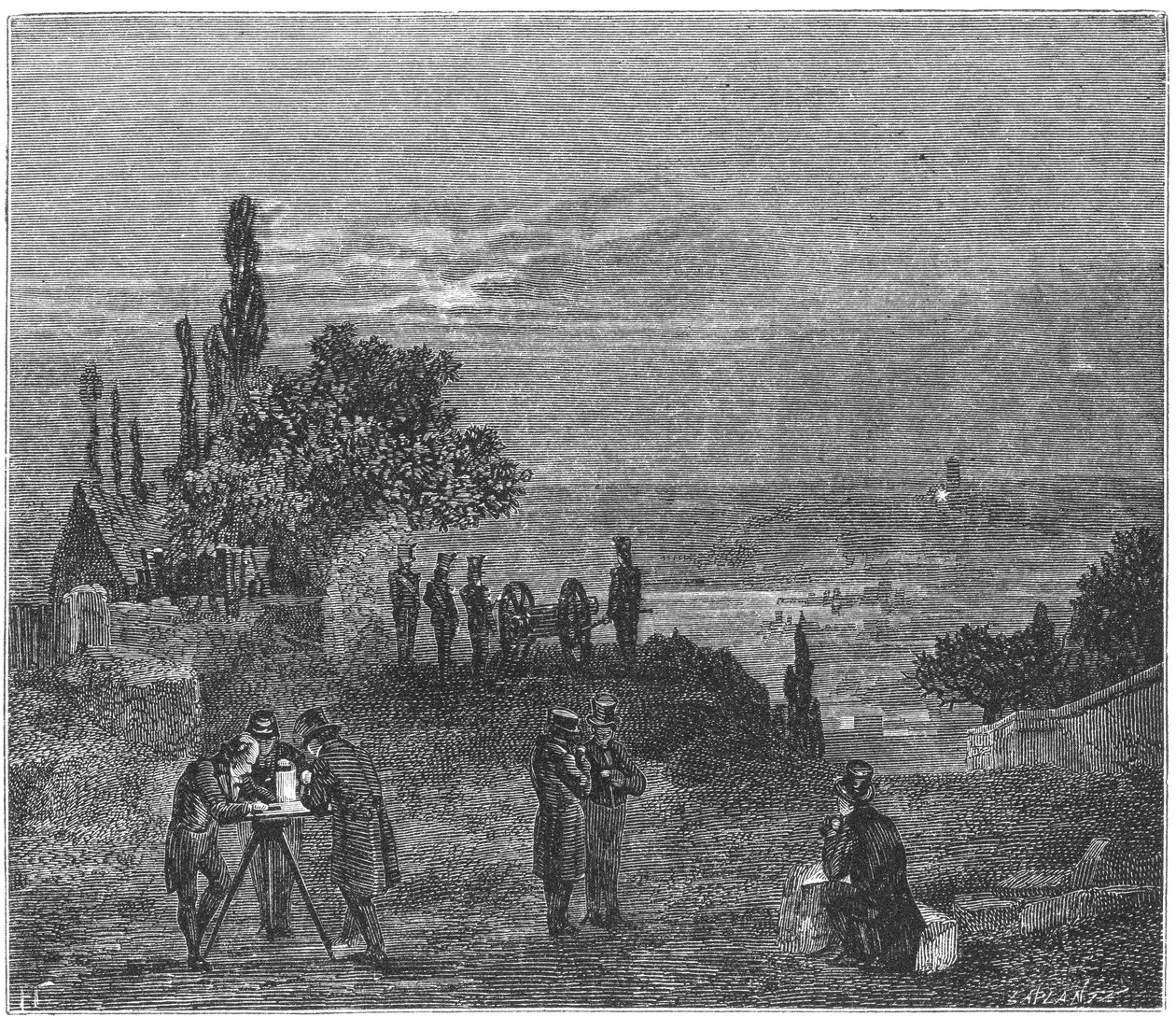 Experiment om de snelheid van geluid in lucht te berekenen, Parijs, 1822, 1873 door Amedee Guillemin