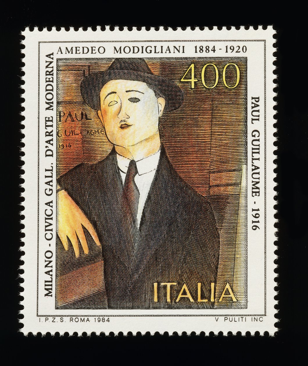 Postzegel uit de Italiaanse kunstserie ter ere van Amedeo Modigliani (1884-1920), met afbeelding van Portret van Paul Guillaume (1916), 400-lire zegel door Amadeo (after) Modigliani
