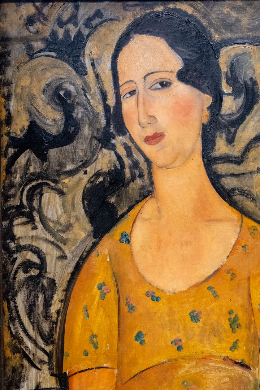 Jonge vrouw in gele jurk (Renée Modot)-uitsnede door Amedeo Modigliani
