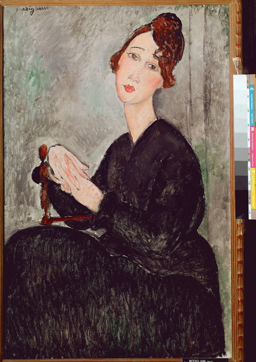 Portret van Dedie Hayden (D.H.). Vrouw gekleed in zwart met melancholische uitdrukking. Schilderij door Amedeo Modigliani door Amedeo Modigliani