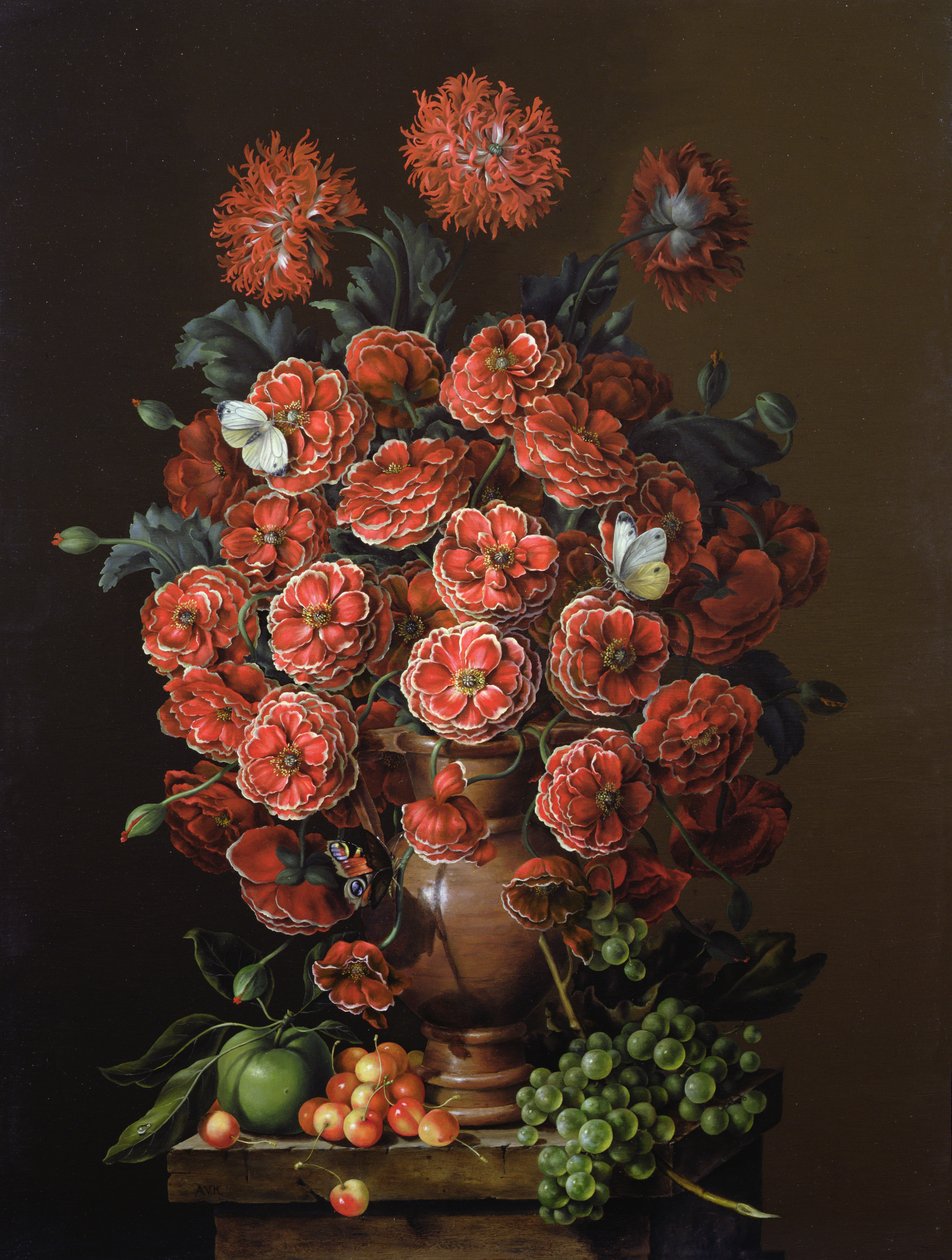 Klaprozen in een terracotta vaas door Amelia Kleiser