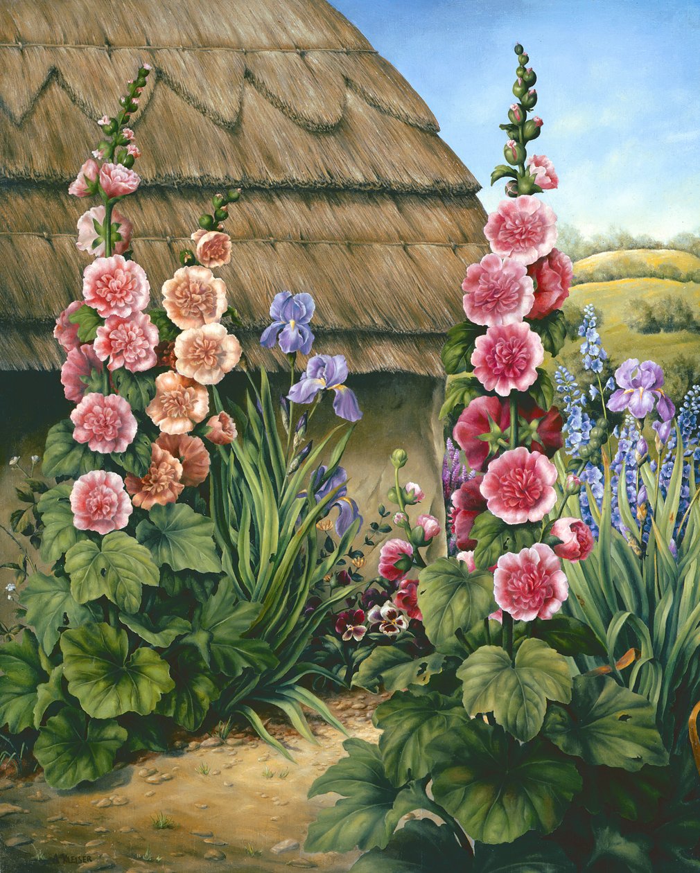 Tuin met stokrozen door Amelia Kleiser