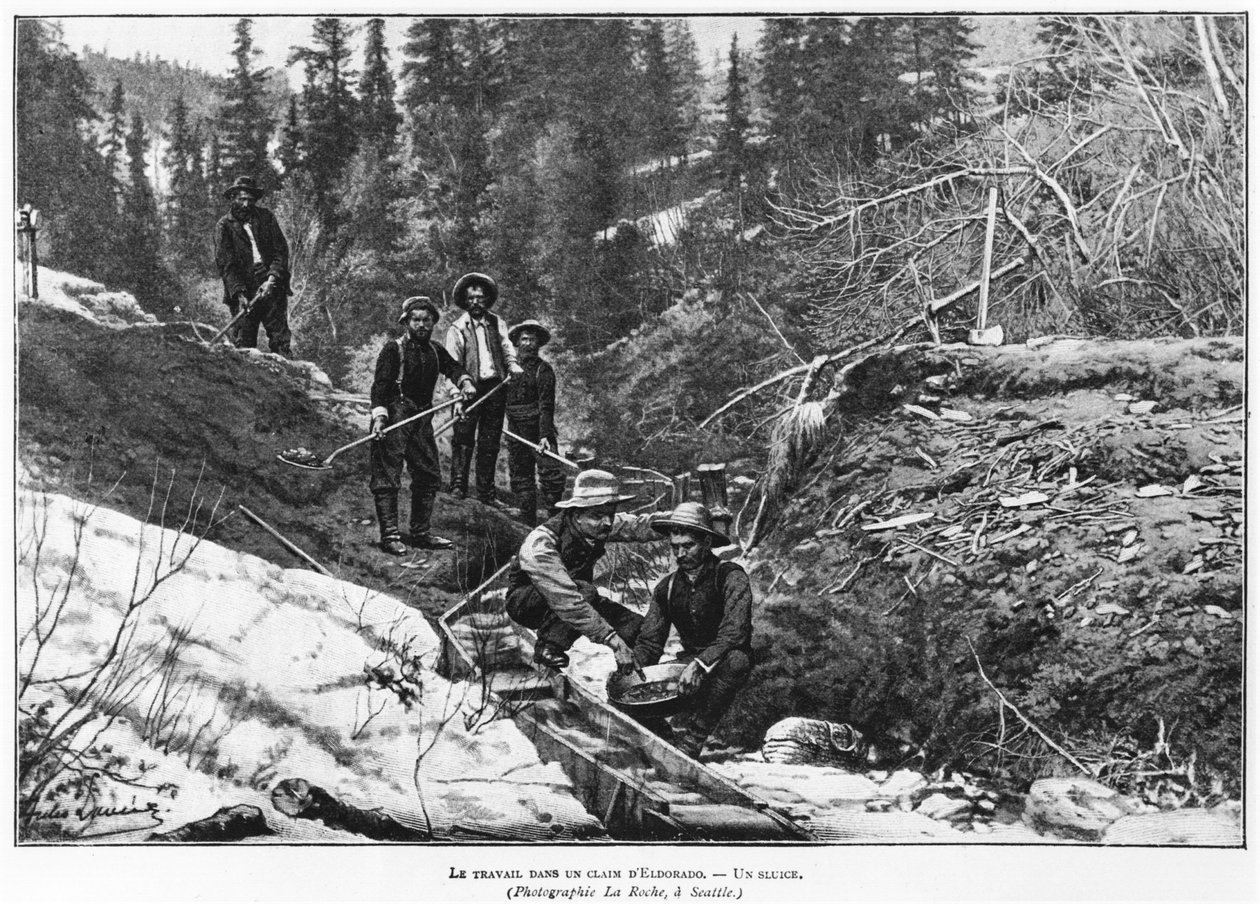Goudmijnbouw in Alaska, illustratie uit Lectures pour tous, ca. 1898-99 door American Photographer
