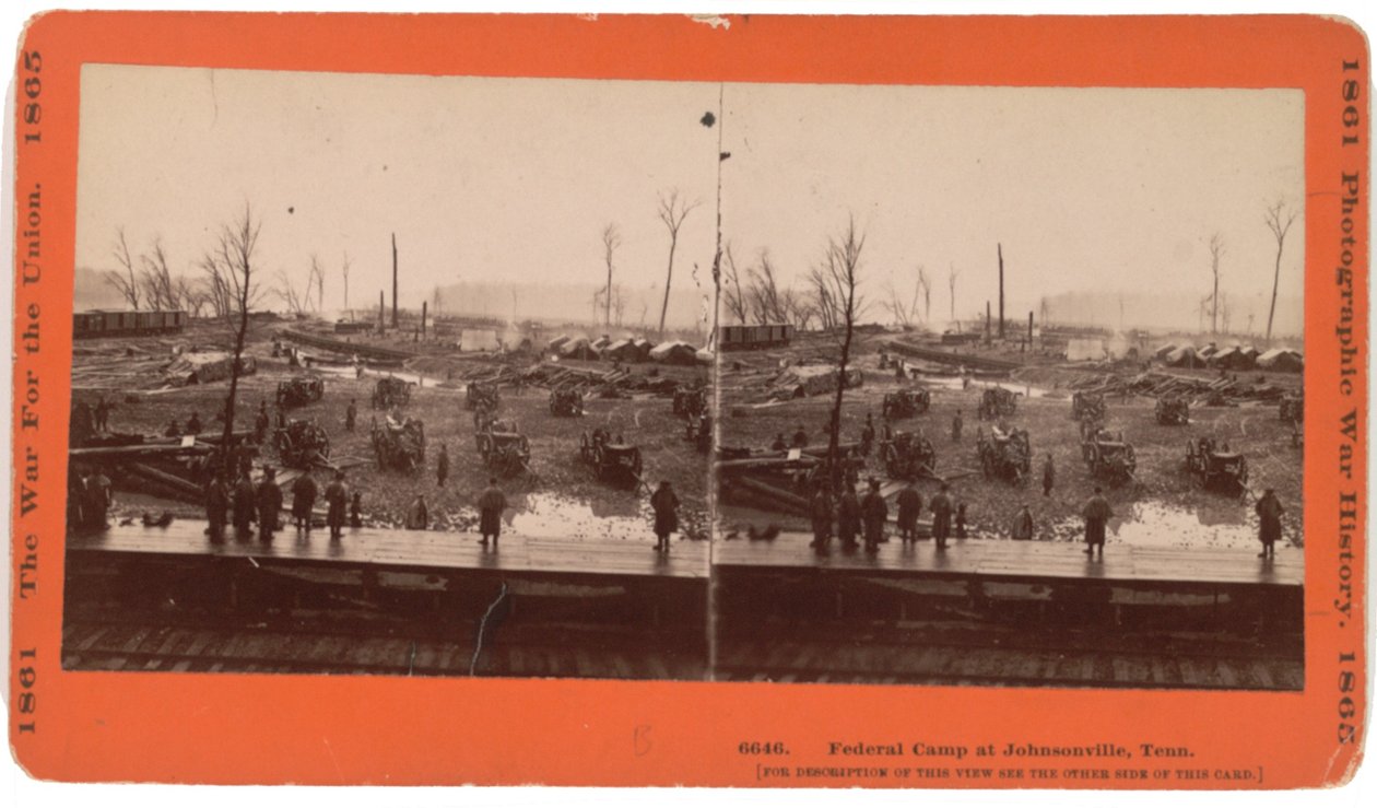 Stereokaart van Johnsonville, TN voor evacuatie toen bedreigd door Forrest, december 1864, uitgegeven door Taylor und Huntington, Hatford, Conn, ca. 1880 door American Photographer