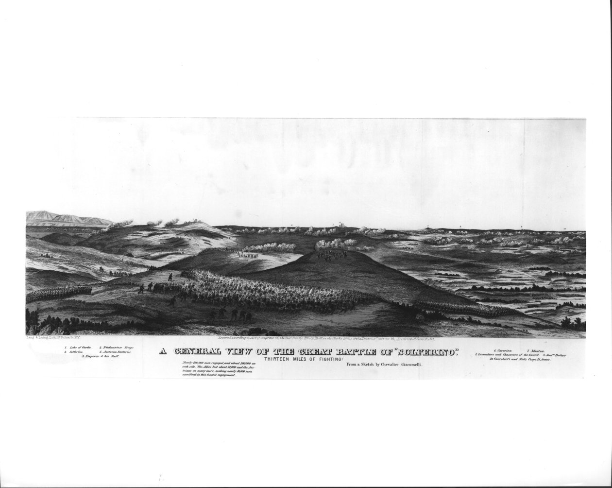 Een algemeen overzicht van de Grote Slag bij Solferino, 24 juni 1859, naar een schets van Chevalier Giacomelli, uitgegeven door Lang und Laing, c.1859 door American School