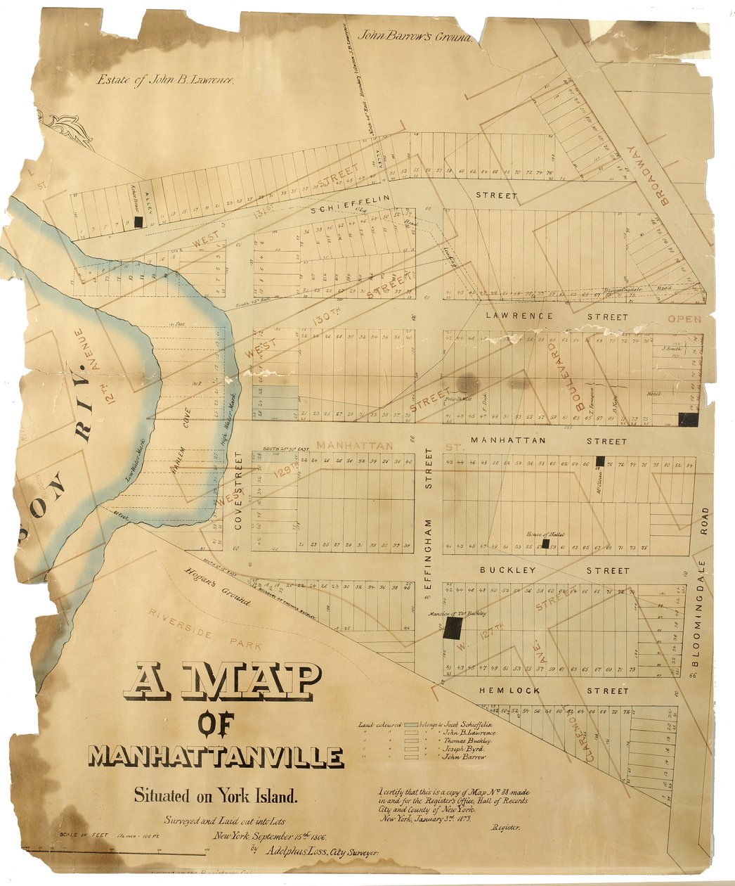 Een kaart van Manhattanville gelegen op York Island, onderzocht en uitgezet in percelen door Adolphus Loss, 1806 (pen-en-inkt (zwart en kleur), aquarel op papier; gemonteerd op doek) door American School