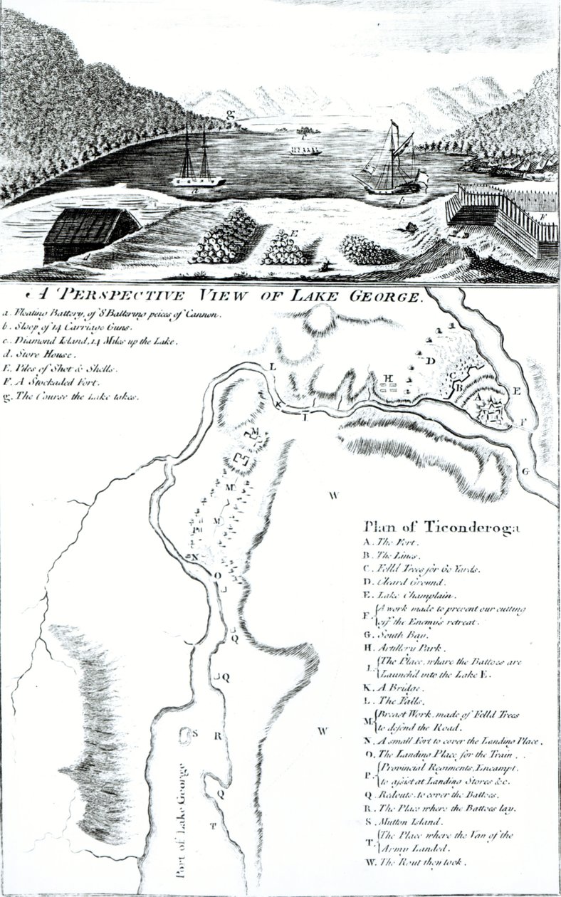 Een Perspectief van Lake George en een Plan van Ticonderoga door American School