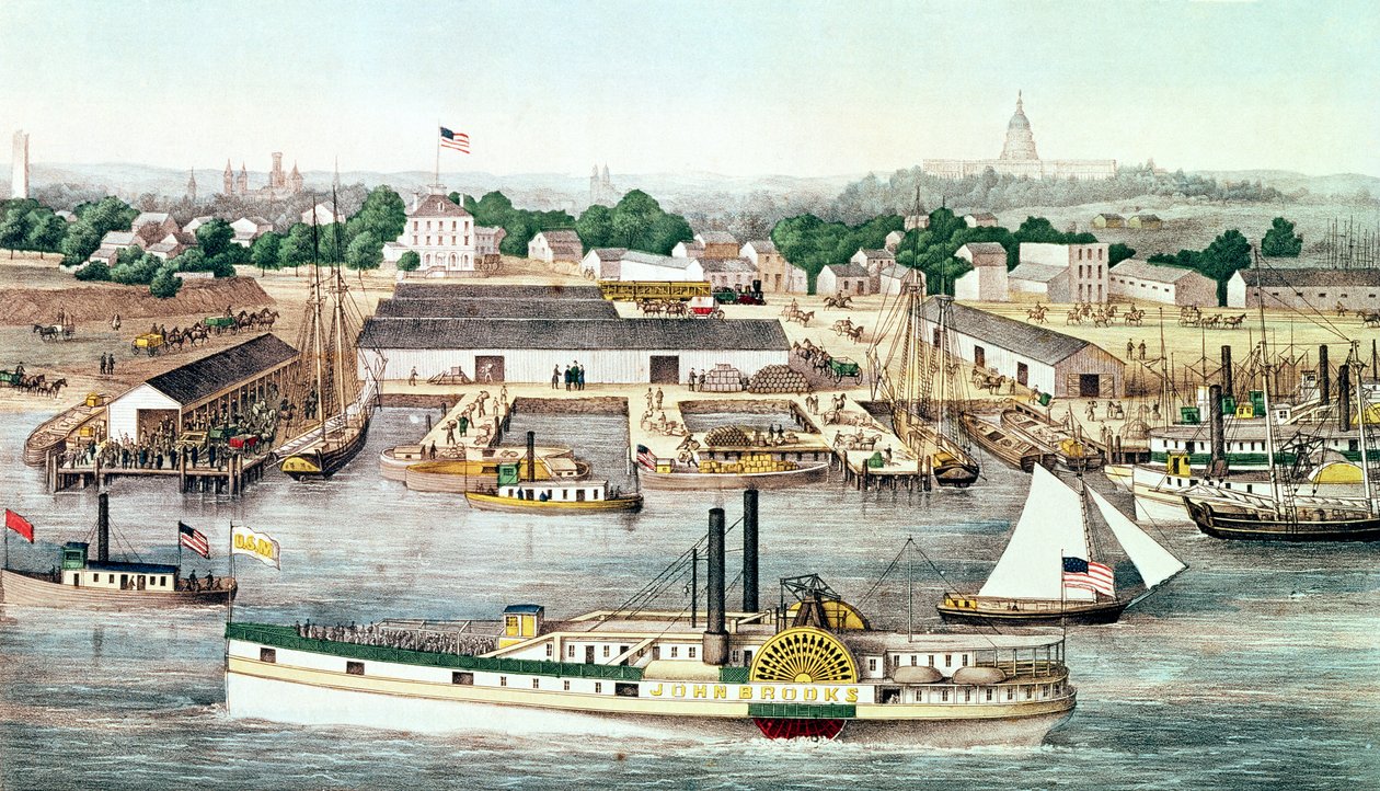 Vogelperspectief van Sixth Street Wharf, Washington D.C, uitgegeven door Charles Magnus, 1863 door American School