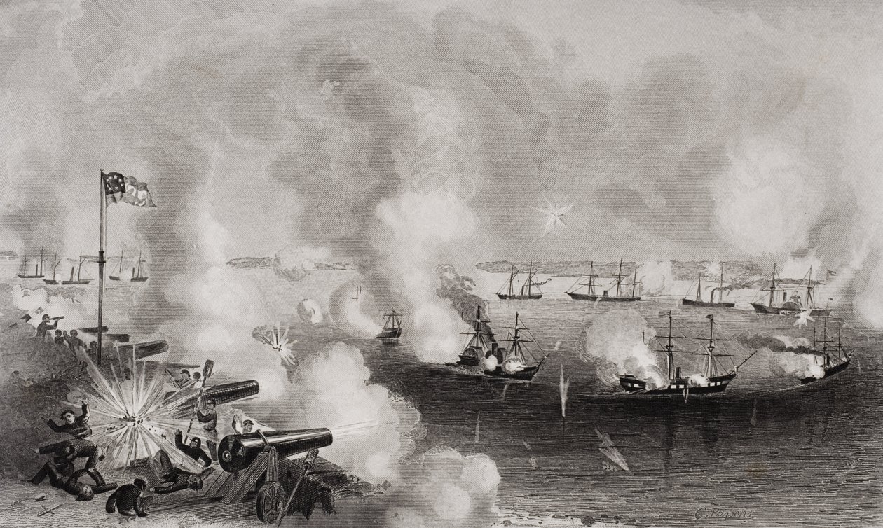 Bombardement en verovering van Forts Walker en Beauregard, Port Royal, South Carolina, op 7 november 1861 door American School