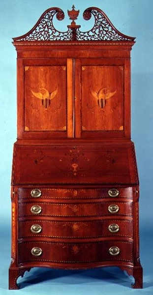 Bureau en boekenkast, kersenhout ingelegd met mahonie en lichte en donkere houtsoorten, Connecticut of Rhode Island, 1790-1810 door American School