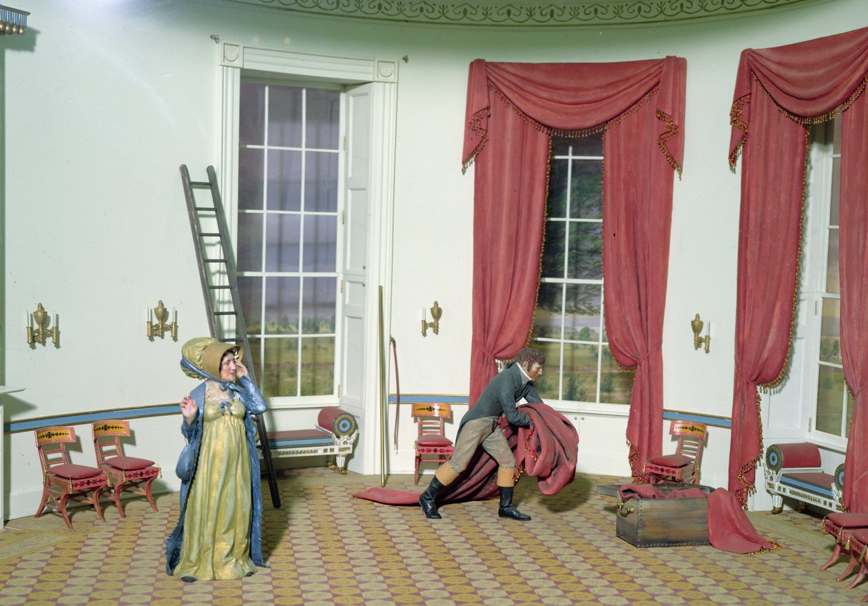 Dolley Madison verwijdert schilderijen uit het Witte Huis, 1814 door American School