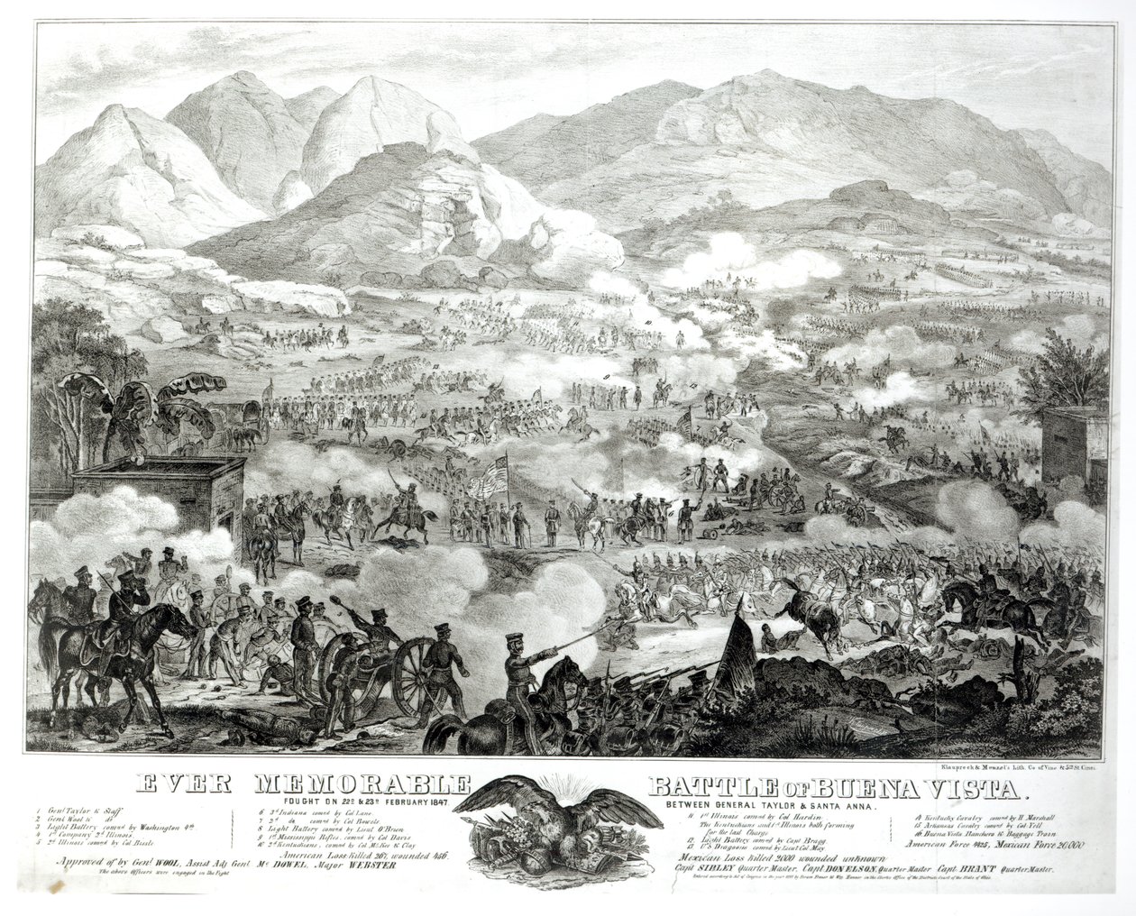 De onvergetelijke slag bij Buena Vista, gevochten op 22 en 23 februari 1847, tussen generaal Taylor en Santa Anna door American School