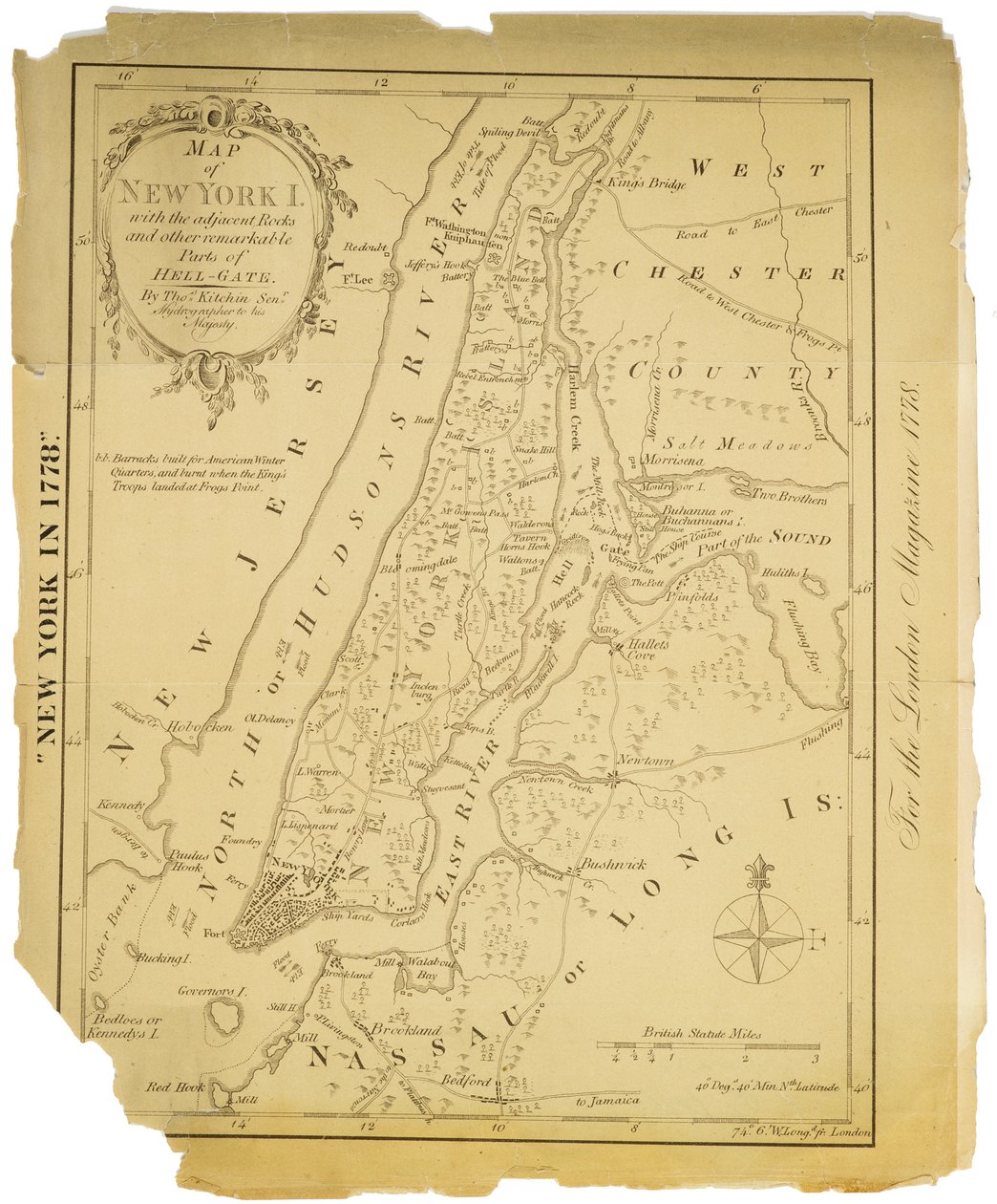 Kaart van New York Island met de aangrenzende rotsen en andere opmerkelijke delen van Hell-Gate, 1778 (zwarte inkt op papier) door American School
