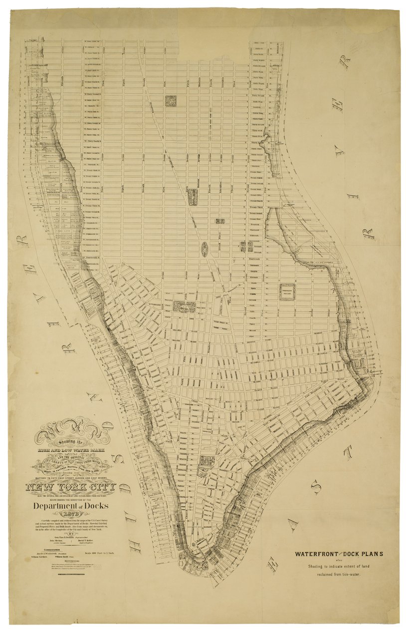 Kaart met de hoog- en laagwaterlijn en de oorspronkelijke stadsbeurzen van land onder water gemaakt aan verschillende partijen van 1686 tot 1873, van Battery tot Fifty-first Street, Judson en East Rivers door American School