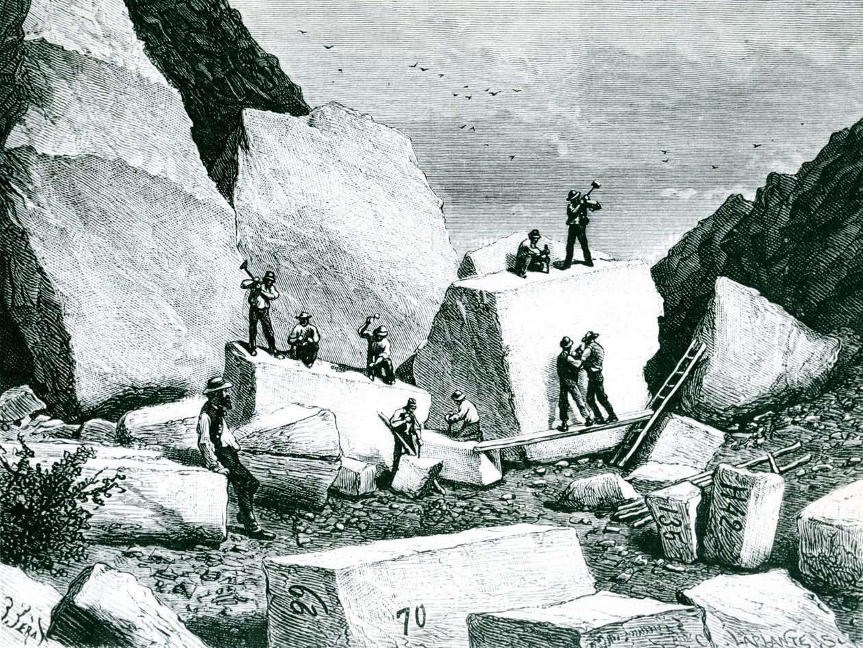 Mormonen die graniet delven voor de Tabernakel, getekend door J. Ferat en gegraveerd door C. Laplante door American School