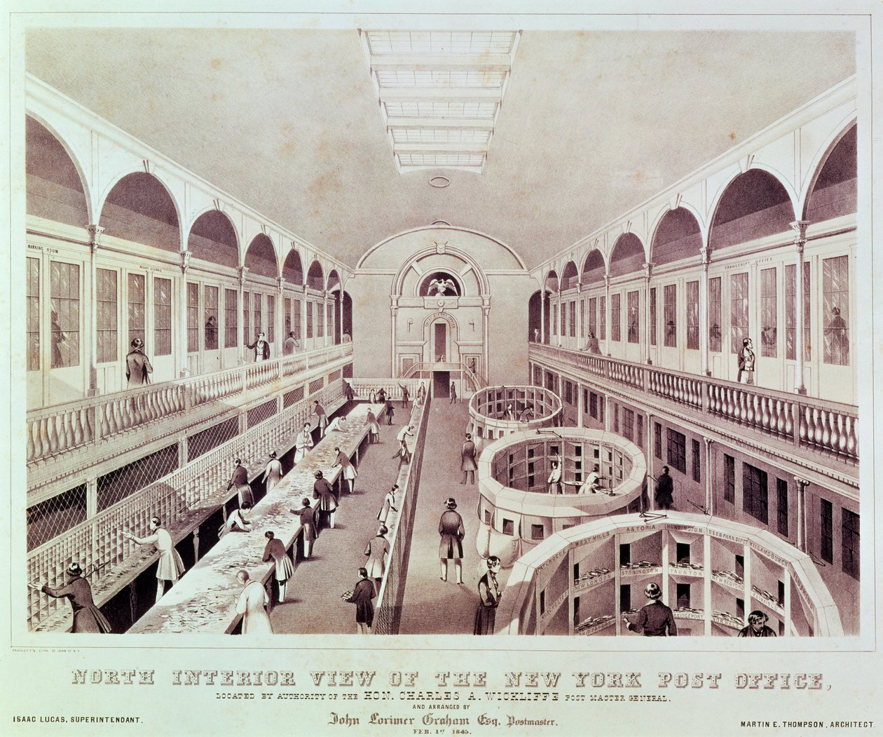 Noordelijk interieur van het New York Postkantoor, gegraveerd door Endicott door American School